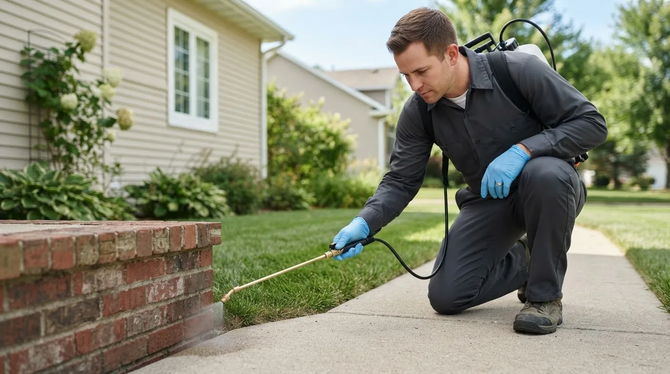 Pest control technician treating a home near Farwell, MN